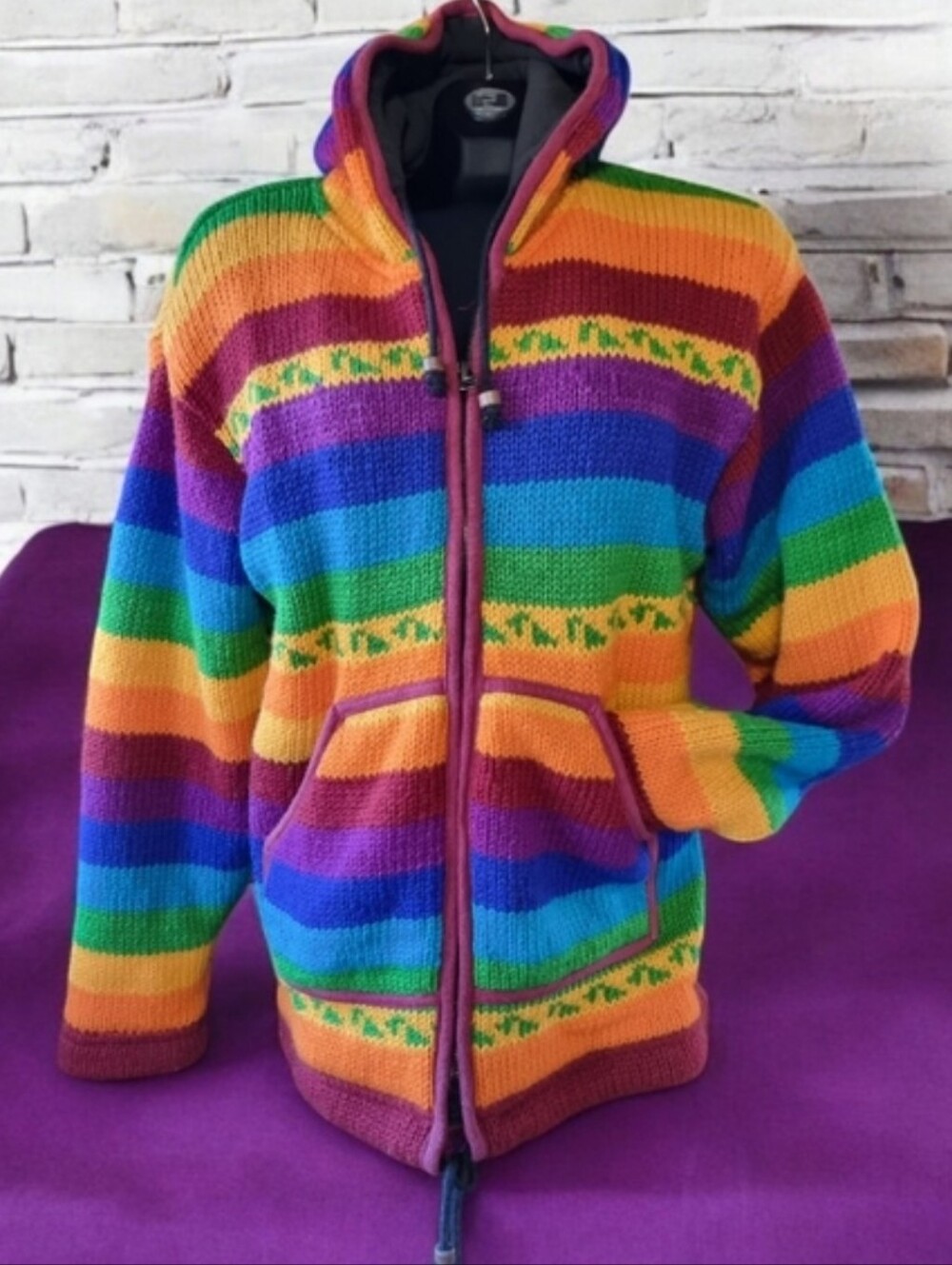 Handmade 100% Wool Rainbow Striped Fleece Lined Hooded Zip Jacket